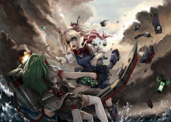 Rule 34 | 2girls, :o, admiral hipper (warship girls r), back, blonde hair, blood, blood from mouth, blood on face, blue eyes, boots, broken, cannon, cloud, cloudy sky, explosion, fighting, fuuko chan, glowworm (warship girls r), green hair, holding, holding hair, long hair, machinery, miniskirt, multiple girls, ocean, one eye closed, one side up, outdoors, puffy short sleeves, puffy sleeves, scarf, ship, shirt, short sleeves, skirt, sky, striped clothes, striped scarf, sweater vest, tattoo, thighhighs, torn clothes, torpedo, turret, twintails, warship girls r, watercraft, waves, white legwear, white shirt, zettai ryouiki
