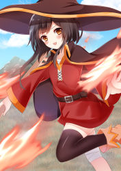 Rule 34 | 1girl, :d, bandaged leg, bandages, belt, black cape, black hair, black thighhighs, blue sky, blush, brown footwear, cape, capelet, cloud, day, hat, highres, kono subarashii sekai ni shukufuku wo!, looking at viewer, megumin, open mouth, outdoors, red eyes, shiratoriko, short hair, single thighhigh, sky, smile, solo, staff, thighhighs, witch hat