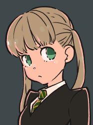 Rule 34 | 1girl, blonde hair, closed mouth, green eyes, green necktie, highres, long hair, looking at viewer, maka albarn, necktie, ohkubo atsushi, school uniform, simple background, solo, soul eater, striped necktie, twintails