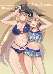 Rule 34 | 2girls, :d, anchor hair ornament, bikini, bismarck (kancolle), blue bikini, blush, breasts, character name, clenched teeth, cowboy shot, floral print, hair ornament, hat, highres, kabocha (monkey4), kantai collection, large breasts, long hair, looking at viewer, low twintails, multiple girls, navel, o-ring, o-ring bikini, open mouth, peaked cap, prinz eugen (kancolle), smile, swimsuit, teeth, thighs, twintails, very long hair