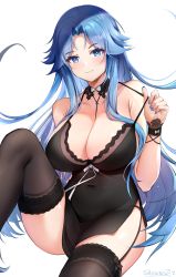 Rule 34 | 1girl, armpit crease, azur lane, bare shoulders, between breasts, black dress, black thighhighs, blue eyes, blue hair, blue nails, breasts, chinese commentary, cleavage, collarbone, covered navel, dress, garter straps, highres, knee up, large breasts, long hair, nail polish, official alternate costume, parted bangs, showerz, sidelocks, simple background, sitting, smile, solo, sovetskaya belorussiya (azur lane), sovetskaya belorussiya (relaxation stratagem) (azur lane), strap pull, thighhighs, thighs, white background, wrist cuffs