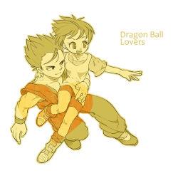 Rule 34 | 1boy, 1girl, black hair, boots, carrying, copyright name, couple, dougi, dragon ball, dragonball z, hand on another&#039;s hip, hetero, looking away, na (mu33), open mouth, shirt, short hair, shorts, simple background, smile, son gohan, videl, white background, white shirt, wristband