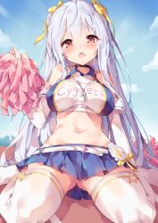 Rule 34 | 1girl, azur lane, bare shoulders, belt, blue skirt, bow, breasts, cheerleader, choker, commentary request, crop top, cygnet (azur lane), cygnet (royal fanfare) (azur lane), day, elbow gloves, gloves, hair bow, highres, holding, large breasts, long hair, looking at viewer, midriff, miniskirt, navel, no shoes, open mouth, outdoors, pleated skirt, pom pom (cheerleading), red eyes, shirt, silver hair, sitting, skirt, sky, sleeveless, sleeveless shirt, solo, stomach, thighhighs, unacchi (nyusankin), very long hair, wariza, whistle, whistle around neck, white shirt, white thighhighs, wing collar, zettai ryouiki