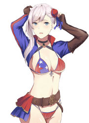 Rule 34 | 1girl, absurdres, akilv, american flag bikini, american flag print, arms up, asymmetrical gloves, asymmetrical hair, belt, bikini, black choker, black gloves, blue eyes, blue ribbon, breasts, brown belt, bun cover, choker, cleavage, collarbone, elbow gloves, fate/grand order, fate (series), fingerless gloves, flag print, front-tie bikini top, front-tie top, gloves, hair ribbon, highleg, highleg bikini, highres, long hair, long sleeves, medium breasts, miyamoto musashi (fate), miyamoto musashi (fate/grand order), miyamoto musashi (swimsuit berserker) (fate), miyamoto musashi (swimsuit berserker) (second ascension) (fate), multi-strapped bikini, print bikini, ribbon, shrug (clothing), sideboob, silver hair, simple background, sketch, solo, standing, swept bangs, swimsuit, underboob, uneven gloves, white background