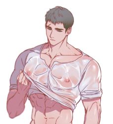 Rule 34 | 1boy, abs, bara, black hair, closed mouth, clothes lift, covered erect nipples, dding, highres, large pectorals, looking at viewer, male focus, muscular, muscular male, navel, nipples, original, pectorals, scar, see-through, shirt, shirt lift, simple background, solo, transparent, upper body, wet, wet clothes, wet shirt, white background, white shirt