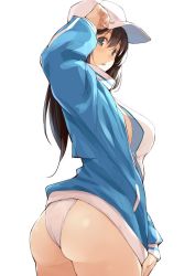 Rule 34 | 1girl, adjusting clothes, adjusting headwear, amamiya natsumi, arched back, ass, bad id, bad twitter id, baseball cap, blue eyes, blue jacket, blush, breasts, brown hair, competition swimsuit, hat, jacket, kekemotsu, long hair, looking at viewer, looking back, medium breasts, one-piece swimsuit, open clothes, open jacket, original, parted lips, simple background, solo, swimsuit, swimsuit under clothes, track jacket, white background, white hat, white one-piece swimsuit