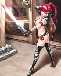 Rule 34 | 1girl, arm belt, arm up, armlet, armor, armored boots, ass, back, bag, bare back, belt pouch, bikini, bikini armor, black footwear, black gloves, black thighhighs, boots, box, breasts, buckle, closed mouth, criss-cross halter, envelope, fantasy, fighting stance, fingerless gloves, from side, full body, gauntlets, glint, gloves, hair between eyes, halterneck, unworn headwear, helmet, unworn helmet, high heel boots, high heels, highres, holding, holding bag, holding sword, holding weapon, injury, knife, large breasts, long hair, original, outdoors, outstretched arm, paper, pocket, ponytail, pouch, red eyes, red hair, red lips, scabbard, shadow, sheath, shisshou senkoku, smile, solo, sparkle, spiked hair, stairs, standing, storefront, string, sunlight, swimsuit, sword, thigh boots, thighhighs, thong bikini, toned, unsheathed, wall, wanted, warrior, weapon, window, wrist cuffs