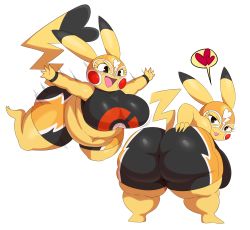 Rule 34 | 1girl, absurdres, ass, belly, breasts, brown eyes, cosplay pikachu, creatures (company), crop top, eric lowery, eyelashes, fat, furry, furry female, game freak, gen 1 pokemon, heart, highres, huge ass, huge breasts, looking back, mask, navel, nintendo, obese, open mouth, pikachu, pikachu libre, pokemon, pokemon (creature), shorts, simple background, solo, spoken heart, tail, thick thighs, thighs, tongue, tongue out, white background