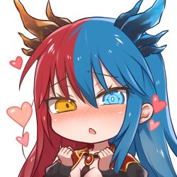 Rule 34 | 1girl, blue eyes, blue hair, blue horns, blush, bow, bowtie, breasts, bright pupils, chibi, clenched hands, dragon girl, dragon horns, hands up, heart, heterochromia, horns, inferna dragnis (xoldrek), long hair, long sleeves, lovestruck, monster girl, multicolored hair, non-web source, open mouth, orange eyes, original, puffy sleeves, red hair, red horns, solo, split-color hair, symbol-shaped pupils, two-tone hair, usagi1923, white background, white pupils