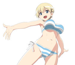 Rule 34 | 1girl, bikini, blonde hair, blue eyes, brave witches, breasts, dutch angle, from below, gluteal fold, groin, groin tendon, large breasts, looking at viewer, nanashino, navel, nikka edvardine katajainen, open mouth, outstretched arms, short hair, side-tie bikini bottom, smile, solo, striped bikini, striped clothes, swimsuit, white background, world witches series