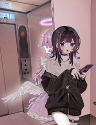 Rule 34 | 2girls, absurdres, angel wings, belt, black choker, black jacket, black nails, brown hair, cellphone, choker, commentary request, cowboy shot, different reflection, dress, dual persona, elevator, elevator door, fang, feathered wings, frilled dress, frills, grey shirt, hair intakes, halo, hanataro (sruvhqkehy1zied), hand up, highres, holding, holding phone, indoors, jacket, long hair, long sleeves, looking at viewer, looking back, low wings, medium hair, mirror, multicolored hair, multiple girls, nail polish, off shoulder, open mouth, original, partially unzipped, phone, pink dress, pink eyes, pink hair, profile, purple eyes, reflection, ringed eyes, shirt, sidelocks, smartphone, standing, streaked hair, thigh belt, thigh strap, two-tone hair, very long hair, white wings, wings, zipper