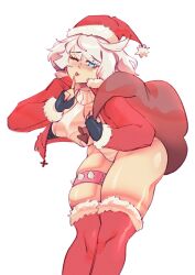 Rule 34 | 1girl, absurdres, bag, black gloves, blush, breasts, christmas, cowlick, elphelt valentine, finger to mouth, fingerless gloves, frantic (frantickohi), fur-trimmed headwear, fur-trimmed thighhighs, fur trim, gloves, grey hair, guilty gear, guilty gear strive, hat, highres, holding, holding bag, jacket, leaning forward, leotard, looking at viewer, medium breasts, one eye closed, parted lips, red hat, red jacket, red thighhighs, santa hat, short hair, shushing, simple background, skindentation, smile, solo, thighhighs, white background, white leotard