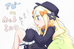 Rule 34 | 1girl, abigail williams (fate), black bow, black dress, black hat, blonde hair, bloomers, blue eyes, blush, bow, bug, butterfly, commentary request, dress, fate/grand order, fate (series), hair bow, hat, highres, holding mug, insect, long hair, long sleeves, neon-tetora, orange bow, parted bangs, pillow, profile, sleeves past fingers, sleeves past wrists, solo, steam, tears, tongue, tongue out, translation request, underwear, very long hair, white bloomers
