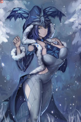 Rule 34 | 1girl, blue eyes, blue hair, bodysuit, breasts, cicin mage (genshin impact), coat, cryo cicin mage (genshin impact), fupitoaster, genshin impact, highres, large breasts, looking at viewer, parted lips, short hair, snow, solo