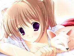 Rule 34 | 1girl, blush, brown hair, cat, collarbone, female focus, gift, hair intakes, mikeou, purple eyes, smile, solo, source request