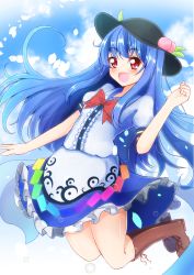 Rule 34 | 1girl, :d, black hat, blue hair, blue sky, blush, boots, bow, bowtie, brown footwear, brown ribbon, buttons, center frills, cloud, colored eyelashes, day, dress, eyebrows, floating hair, food, frills, fruit, full body, hat, highres, hinanawi tenshi, jumping, knee boots, long hair, looking at viewer, open mouth, peach, petals, puffy short sleeves, puffy sleeves, rainbow order, red bow, red bowtie, red eyes, ribbon, shoelaces, short sleeves, sky, smile, solo, sun, sunlight, tareme, thighs, touhou, very long hair, white dress, ymd (holudoun)