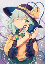 Rule 34 | 1girl, black hat, blouse, buttons, closed mouth, collared shirt, commentary, dated, diamond button, eyeball, frilled shirt collar, frilled sleeves, frills, green eyes, green skirt, hat, hat ribbon, heart, heart of string, highres, komeiji koishi, light green hair, long sleeves, looking to the side, medium hair, one eye closed, ribbon, shirt, skirt, smile, solo, third eye, toroid (621997), touhou, wavy hair, wide sleeves, yellow ribbon, yellow shirt