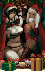 Rule 34 | 21yc (september breeze), 2girls, backless outfit, bare back, black hair, box, breasts, christmas, elbow gloves, english text, fingerless gloves, gift, gift box, gloves, grey hair, highres, kneeling, large breasts, looking at viewer, multiple girls, one eye closed, original, red eyes, red legwear, seiza, sideboob, sitting, small breasts, thighhighs, underboob, white legwear, yellow eyes