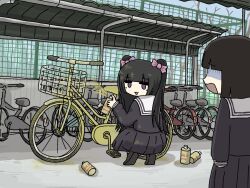 Rule 34 | 2girls, :3, bicycle, bicycle rack, black hair, black skirt, blunt bangs, blunt ends, bow, can, fuchina (fucinami), full body, hair bow, hand up, highres, holding, holding can, looking at another, looking at viewer, multiple girls, original, outdoors, pink bow, pleated skirt, sailor collar, sayu-chan (fuchina), school uniform, short hair, skirt, solid eyes, spray paint, squatting, surprised, two side up, white sailor collar, yato-chan (fuchina)