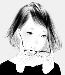Rule 34 | 1girl, glasses, greyscale, lips, looking to the side, monochrome, original, portrait, realistic, simple background, solo, sousou (sousouworks), white background