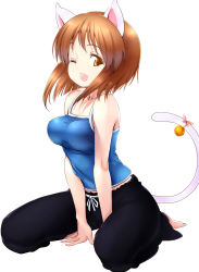 Rule 34 | 1girl, ;d, animal ears, arm support, barefoot, bell, bob cut, brown eyes, brown hair, cat ears, cat tail, fang, full body, hagiwara yukiho, idolmaster, idolmaster (classic), one eye closed, open mouth, pants, shirt, short shorts, shorts, simple background, sitting, smile, solo, sweatpants, tail, tail bell, tail ornament, tank top, taut clothes, taut shirt, wariza, white background, wink, zizi (zz22)