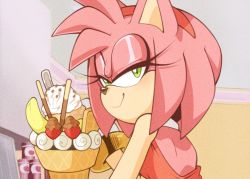 Rule 34 | 1girl, amy rose, animal ears, animal nose, back, backless dress, backless outfit, bad id, bad twitter id, banana, bangle, bracelet, chocolate chip, chocolate chipped cream sundae supreme, closed mouth, commentary, dress, food, fruit, furry, furry female, gloves, green eyes, hairband, half-closed eyes, hedgehog ears, highres, ice cream, indoors, jewelry, kaijumilk (milkchaotea), long hair, looking at viewer, makeup, mascara, parody, pink hair, pocky, red dress, red hairband, sleeveless, sleeveless dress, smile, solo, sonic (series), sonic the hedgehog, sonic unleashed, sprinkles, strawberry, style parody, sundae, symbol-only commentary, whipped cream, white gloves