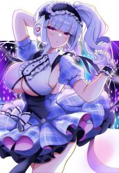 Rule 34 | 1girl, arm behind head, azur lane, blue hair, blunt bangs, blush, breasts, center frills, clothing cutout, commentary request, dido (azur lane), dido (muse) (azur lane), framed breasts, frilled hairband, frills, gloves, glowstick, hairband, hands up, headset, highres, idol, idol clothes, kokonoe910, large breasts, long hair, looking at viewer, maid headdress, official alternate costume, parted lips, pink eyes, puffy short sleeves, puffy sleeves, short sleeves, side ponytail, solo, stage, underboob, underboob cutout, white gloves, wrist cuffs