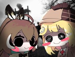 Rule 34 | 2girls, ahoge, black eyes, blonde hair, brown capelet, brown cloak, brown hair, brown headwear, capelet, chibi, cloak, closed mouth, commentary, crossed bangs, deerstalker, english commentary, feather hair ornament, feathers, hair ornament, hat, highres, hololive, hololive english, koyoinacho, long hair, looking at viewer, multicolored hair, multiple girls, nanashi mumei, necktie, outdoors, photo background, red necktie, shaded face, shirt, short hair, sidelocks, smile, smol ame, smol mumei, streaked hair, upper body, virtual youtuber, watson amelia, white shirt
