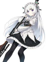 Rule 34 | 1girl, amagasa yun, black dress, black pantyhose, breasts, chaika trabant, closed mouth, commentary request, dress, frilled dress, frills, gun, hair between eyes, hair ornament, hand up, heart, highres, hitsugi no chaika, holding, holding weapon, layered sleeves, long hair, long sleeves, looking at viewer, pantyhose, puffy long sleeves, puffy short sleeves, puffy sleeves, purple eyes, short over long sleeves, short sleeves, simple background, small breasts, solo, thick eyebrows, very long hair, weapon, white background, white hair