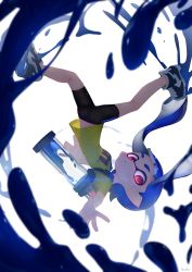 Rule 34 | 1girl, artist name, bad id, bad twitter id, bike shorts, black footwear, black shorts, blue hair, blunt bangs, blurry, closed mouth, commentary, depth of field, diffraction spikes, english commentary, expressionless, falling, full body, highres, ink, ink tank (splatoon), inkling, inkling girl, inkling player character, kashu (hizake), long hair, looking at viewer, monster girl, nintendo, no socks, outstretched arm, outstretched hand, pointy ears, reaching, reaching towards viewer, red eyes, shirt, shoes, short sleeves, shorts, sneakers, solo, splatoon (series), t-shirt, tentacle hair, upside-down, white background, yellow shirt