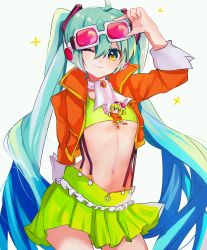 Rule 34 | 2girls, absurdres, amulet, aqua eyes, aqua hair, arched back, arm behind back, boots, commentary, contrapposto, cosplay, cowboy shot, frilled skirt, frills, goggles, goggles on head, gomiyama, green eyes, green hair, green skirt, green tube top, gumi, gumi (cosplay), hair ornament, hand on goggles, hand up, hatsune miku, headphones, highres, jacket, long hair, looking at viewer, midriff, mini person, minigirl, multiple girls, narrow waist, navel, neckerchief, one eye closed, orange jacket, red goggles, skirt, smile, sparkle, strapless, suspender skirt, suspenders, symbol-only commentary, tube top, twintails, very long hair, vocaloid, white neckerchief