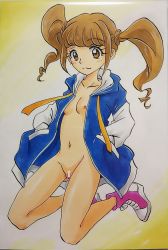 Rule 34 | 1girl, :3, ashigaki radar, bar censor, blue jacket, blush, breasts, brown eyes, brown hair, censored, collarbone, double bun, hair bun, hands in pockets, healin&#039; good precure, highres, hiramitsu hinata, jacket, kneeling, long hair, long sleeves, looking at viewer, navel, nipples, nude, open clothes, open jacket, precure, purple footwear, pussy, shoes, small breasts, smile, twintails, white jacket, yellow background