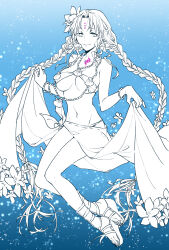 Rule 34 | 1girl, bare legs, bikini, bracelet, braid, breasts, chest tattoo, closed mouth, fate/grand order, fate (series), flower, forehead tattoo, full body, gradient background, greyscale with colored background, hair flower, hair ornament, highres, jewelry, large breasts, long hair, looking at viewer, monochrome, natsume (pixiv484205), navel, necklace, parted bangs, pearl bracelet, pearl necklace, platform footwear, sandals, sarong, sarong hold, sessyoin kiara, sessyoin kiara (swimsuit mooncancer) (first ascension), shell, shell necklace, sidelocks, smile, solo, spot color, swimsuit, tattoo, twin braids, very long hair