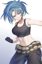 Rule 34 | 1girl, absurdres, bare shoulders, black gloves, black tank top, blue eyes, blue hair, breasts, cargo pants, earrings, gas can, gloves, highres, jewelry, large breasts, leona heidern, looking at viewer, medium breasts, midriff, navel, nori tarou, pants, ponytail, solo, tank top, the king of fighters, the king of fighters xiii, triangle earrings