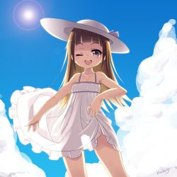 Rule 34 | 1girl, ;d, artist name, blonde hair, blueberry (5959), cloud, day, dress, hat, long hair, one eye closed, open mouth, original, see-through silhouette, sky, smile, solo, sun, sun hat, sundress, wink