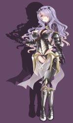 Rule 34 | 1girl, armor, armored boots, boots, breasts, camilla (fire emblem), fire emblem, fire emblem fates, gauntlets, grey footwear, hair over one eye, highres, knee boots, large breasts, long hair, nintendo, purple eyes, purple hair, simple background, smile, solo, takeshisu, wavy hair