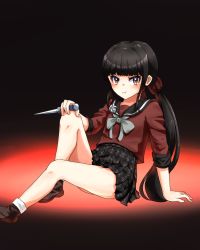 Rule 34 | 1girl, arm support, black hair, black sailor collar, blunt bangs, blush, bow, bowtie, brown hair, commentary request, danganronpa (series), danganronpa v3: killing harmony, gradient background, grey bow, grey bowtie, hair ornament, hair scrunchie, harukawa maki, highres, holding, holding knife, knee up, knife, long hair, long sleeves, looking at viewer, low twintails, mole, mole under eye, no legwear, plaid, plaid skirt, pleated skirt, pout, red eyes, red scrunchie, red shirt, revision, sailor collar, satasasi (satasasi617), school uniform, scrunchie, serafuku, shirt, skirt, solo, twintails