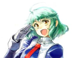 Rule 34 | 1girl, :d, ahoge, blush, character request, chikuwa (tks), gloves, green hair, long sleeves, looking at viewer, necktie, open mouth, red necktie, salute, short hair, simple background, smile, solo, white background, white gloves, yellow eyes