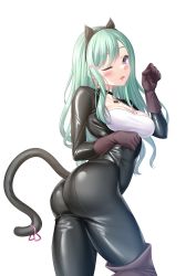Rule 34 | 1girl, ;o, animal ears, aqua hair, ass, bell, black bodysuit, black choker, blush, bodysuit, boots, breasts, cat ears, cat tail, catsuit, choker, earrings, fake animal ears, fang, gloves, heart, heart earrings, highres, hisame shiki, jewelry, long hair, looking at viewer, looking back, medium breasts, mole, mole on breast, neck bell, one eye closed, paw pose, purple eyes, purple footwear, purple gloves, simple background, solo, swept bangs, tail, thigh boots, underbust, virtual youtuber, vspo!, white background, yakumo beni