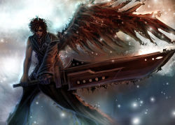 Rule 34 | 1990s (style), 1boy, bccp, cloud strife, final fantasy, final fantasy vii, huge weapon, male focus, solo, standing, sword, weapon, wings