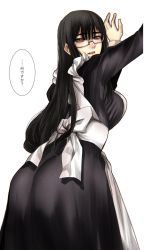 Rule 34 | 1girl, apron, ass, black dress, black hair, breasts, dress, from behind, glasses, grey eyes, hands up, highres, hoshi san 3, jimiko, large breasts, long sleeves, looking at viewer, looking back, maid, maid apron, original, parted lips, semi-rimless eyewear, simple background, solo, translation request, under-rim eyewear, white apron, white background