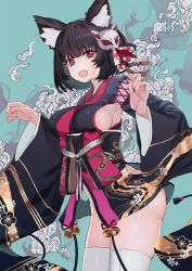 Rule 34 | 1girl, :d, animal ears, azur lane, black hair, black kimono, breasts, cloud, fang, fox mask, hair ornament, highres, japanese clothes, kimono, large breasts, looking at viewer, luicent, mask, mask on head, open mouth, purple eyes, short hair, short kimono, sideboob, smile, solo, thighhighs, thighs, white thighhighs, wide sleeves, yamashiro (azur lane)