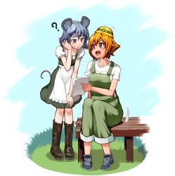 Rule 34 | 2girls, ?, alternate costume, animal ears, apron, barmaid, bench, black hair, blonde hair, blue footwear, blush, boots, breasts, brown footwear, commentary request, dress, dutch angle, full body, grass, green dress, green overalls, grey hair, hair between eyes, hard hat, helmet, highres, looking at another, looking to the side, maid, medium breasts, mouse ears, mouse girl, mouse tail, multicolored hair, multiple girls, nazrin, overalls, shirt, shoes, short hair, sinzen, sitting, sneakers, streaked hair, tail, toramaru shou, touhou, two-tone hair, white apron, white shirt, yellow eyes