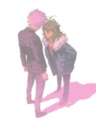 Rule 34 | 2boys, absurdres, antenna hair, atou haruki, black jacket, black pants, blonde hair, blue jacket, brown hair, chinese commentary, closed mouth, commentary request, fur-trimmed jacket, fur trim, green eyes, hands in pockets, height difference, highres, isoi reiji, iuew, jacket, long sleeves, male focus, medium hair, multicolored hair, multiple boys, open clothes, open jacket, pants, pink hair, red shirt, saibou shinkyoku, sanpaku, shirt, short hair, spoilers
