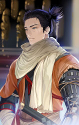 Rule 34 | 1boy, black hair, blue eyes, blurry, blurry background, commentary request, depth of field, facial hair, highres, indoors, japanese clothes, katana, lloule, male focus, ninja, prosthesis, prosthetic arm, scar, scarf, sekiro, sekiro: shadows die twice, short hair, solo, stubble, sword, topknot, upper body, weapon