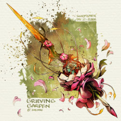 Rule 34 | 1other, artist name, bound, brown hair, commentary, english commentary, english text, falling petals, fantasy, flower, gradient background, light particles, open mouth, original, petals, pink flower, simple background, sinlaire, sword, trapped, weapon, weapon focus, weapon request, white background