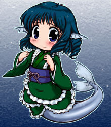Rule 34 | 1girl, blue eyes, blue hair, blush, chibi, curly hair, drill hair, fins, fish tail, frilled kimono, frills, frown, hands up, head fins, japanese clothes, kimono, long sleeves, mermaid, monster girl, no legs, obi, sash, short hair, solo, tachikawa, tail, tearing up, tears, touhou, wakasagihime, wide sleeves