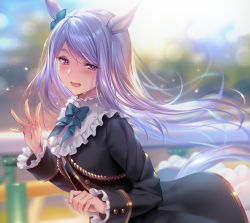 Rule 34 | 1girl, animal ears, black dress, blue bow, blue bowtie, blue ribbon, bow, bowtie, commentary request, dress, ear ribbon, hand up, highres, horse ears, horse girl, horse tail, long hair, long sleeves, looking at viewer, mejiro mcqueen (umamusume), open mouth, piromizu, purple eyes, purple hair, ribbon, smile, solo, tail, umamusume