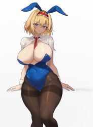 1girl absurdres alice_margatroid animal_ears black_pantyhose blonde_hair blue_eyes blue_leotard blush breasts capelet cleavage commentary_request covered_navel dated_commentary frilled_hairband frills groin hairband highres huge_breasts leotard looking_at_viewer moriforest1040 pantyhose playboy_bunny rabbit_ears red_hairband short_hair simple_background solo touhou upper_body white_background white_capelet