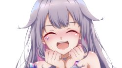 Rule 34 | 1girl, bare shoulders, blush, closed eyes, closed mouth, collar, grey hair, hair flaps, happy, highres, holoadvent, hololive, hololive english, jewelry, koseki bijou, long hair, multicolored hair, p-nekoe, pink hair, shiny skin, simple background, smile, solo, teeth, two-tone hair, upper body, upper teeth only, virtual youtuber, white background